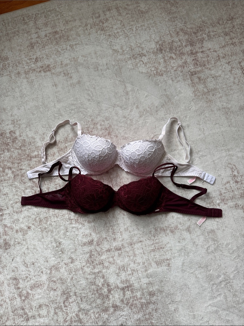 PINK by Victoria’s Secret White and Burgundy Lace Date Push-Up Bra Set